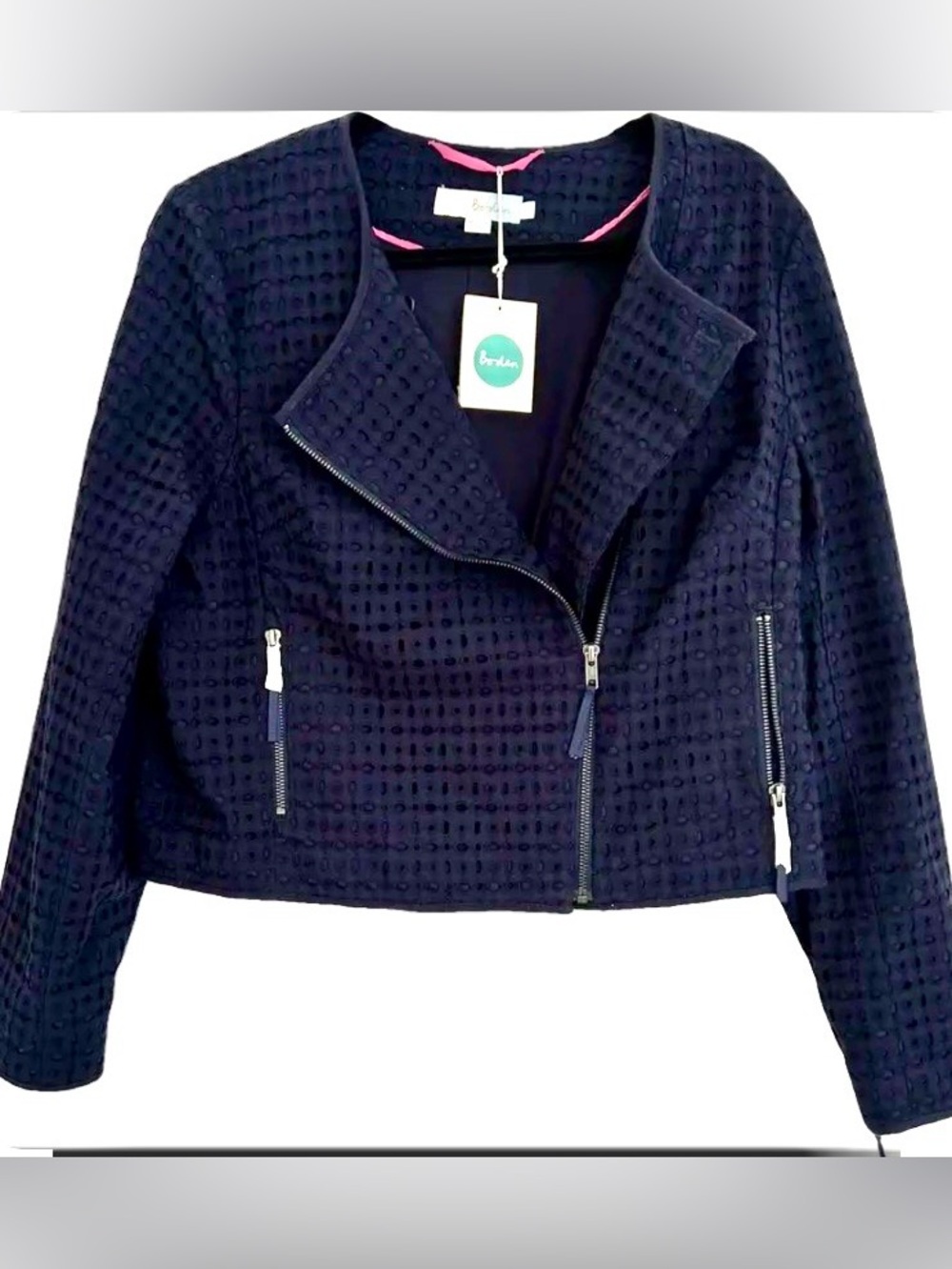 New Boden Amelie Broderie Navy Eyelet Asymmetric Zip Moto Jacket